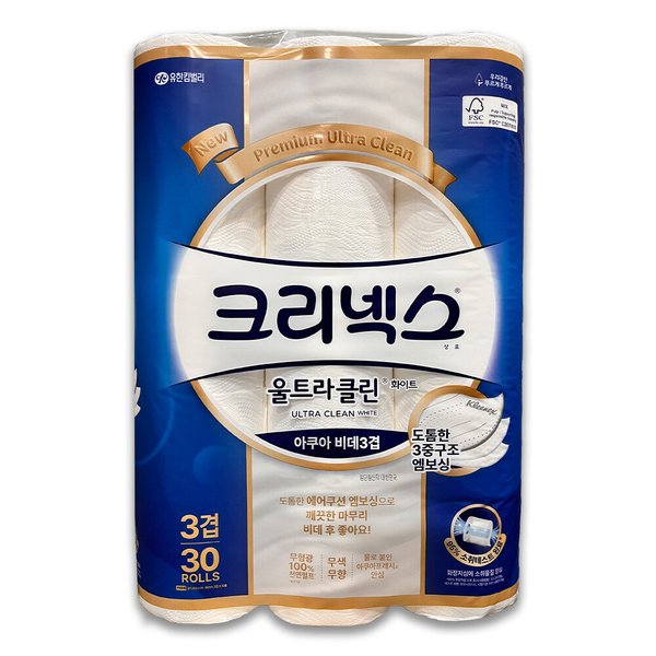 울트라클린 화이트 천연펄프 3겹 롤화장지 30m 30롤