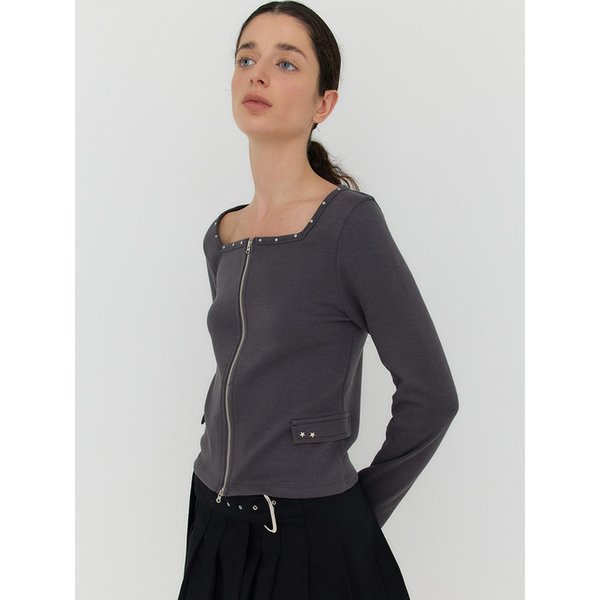 SOLID SQUARE-NECK ZIP-UP - CHARCOAL
