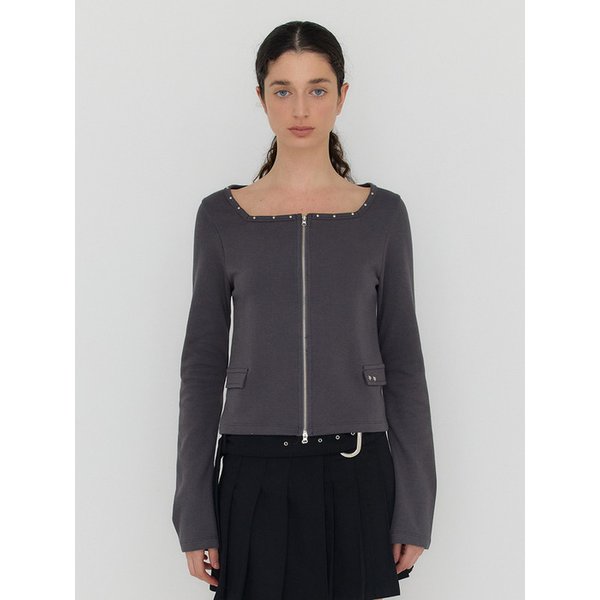 SOLID SQUARE-NECK ZIP-UP - CHARCOAL