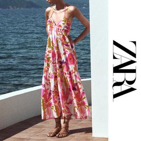 자라 ZARA 여성 민소매 끈 원피스 브이넥 플라워 프린트 롱 코튼 드레스