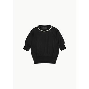 시몬로샤 26SS Puff Sleeve Merino Silk Jumper W/ Emb, Black / Pearl