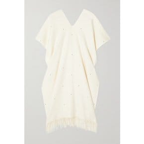 Rockstud Crystal-embellished Fringed Wool-blend Poncho 아이보리