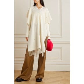 Rockstud Crystal-embellished Fringed Wool-blend Poncho 아이보리