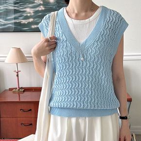 여름용 브이넥 니트 조끼 물결패턴 데일리 슬리브리스 베스트_P393568922