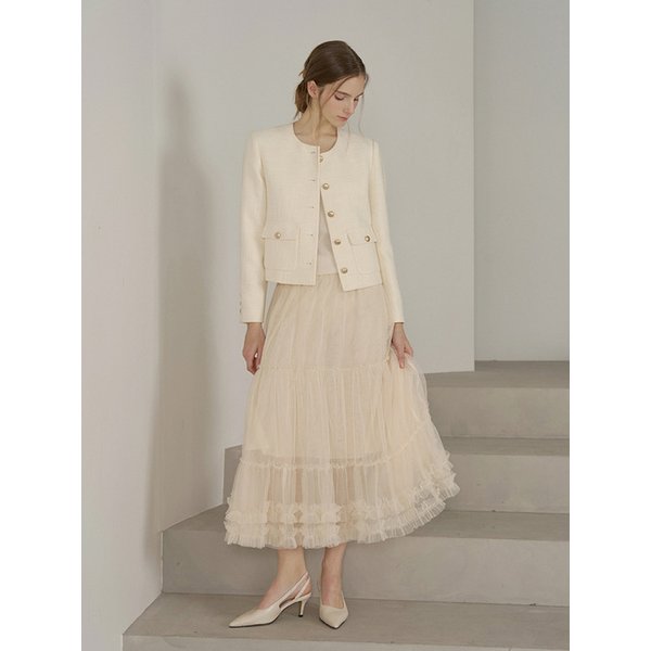 진주 프릴 샤 롱 스커트 - 베이지