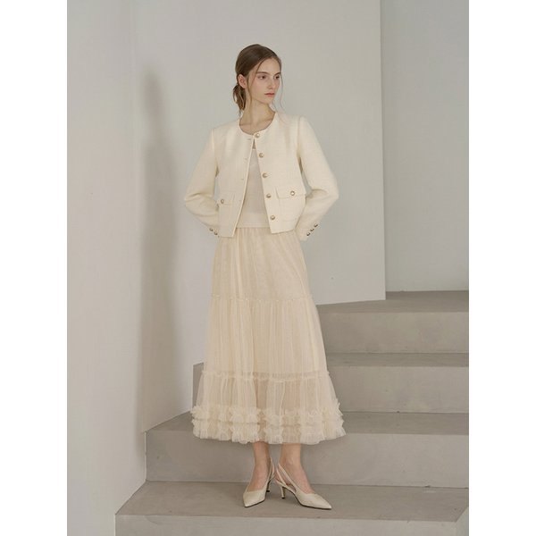 진주 프릴 샤 롱 스커트 - 베이지