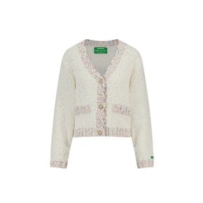 Flower Pearl Button Boucle Tweed Cardigan (Ivory)