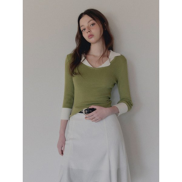 벨론 카라 배색 7부 니트