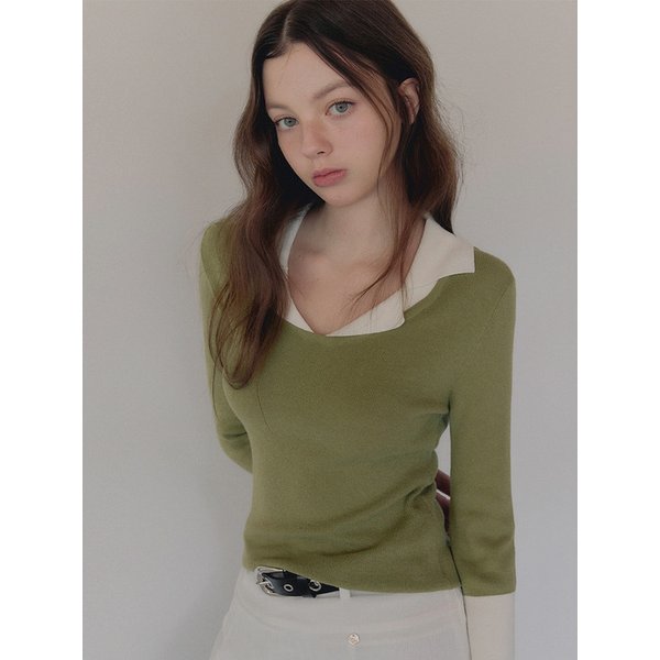 벨론 카라 배색 7부 니트