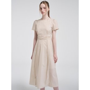 Neck Cut-Out Shirring Dress, Light Beige