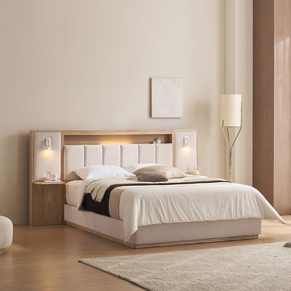 앤씨 기능성 패브릭 쿠션헤드 LED조명 평상형 호텔 침대프레임 퀸/킹 Q/K + 사이드패널1E