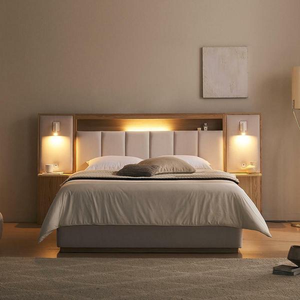 앤씨 기능성 패브릭 쿠션헤드 LED조명 평상형 호텔 침대프레임 퀸/킹 Q/K + 사이드패널1E