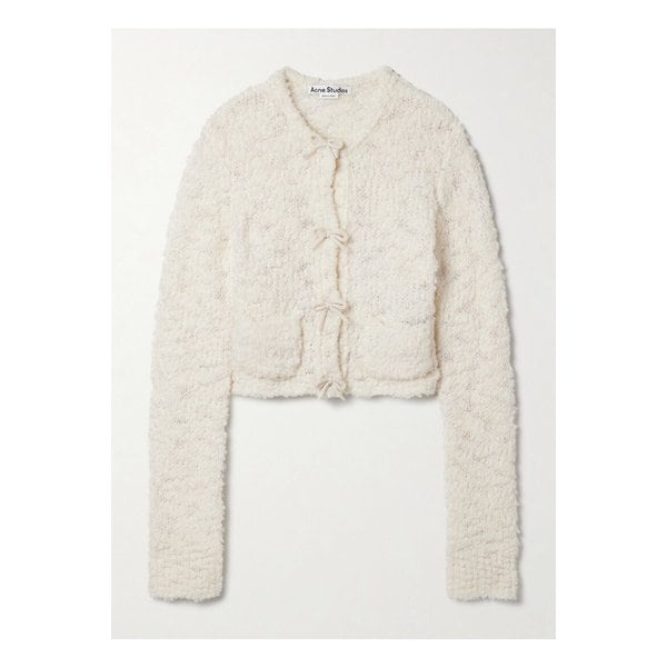 보우 장식 크롭 울 혼방 부클레 가디건 아이보리 1647597355986850