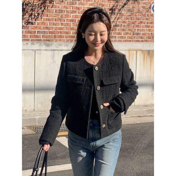 Boucle Round Neck Wool Jacket Black AT5JAF040BK