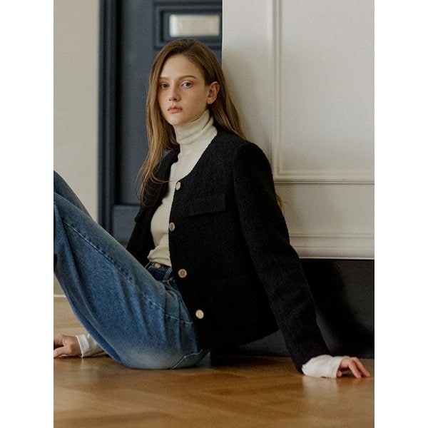 Boucle Round Neck Wool Jacket Black AT5JAF040BK