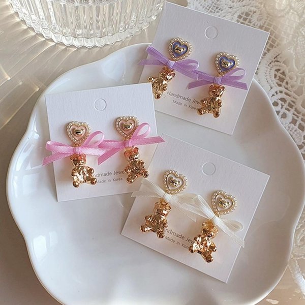 [옷자락] 여자 러블리 곰돌이 베어 큐빅 리본 패션 귀걸이