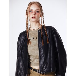 Banded Neck Oversized Leather Jacket (BLACK)