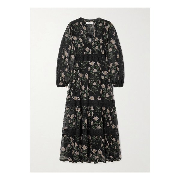 엘리자베스 티어드 레이스 트리밍 플로럴 프린트 크레퐁 미디 드레스 블랙 1647597350558200