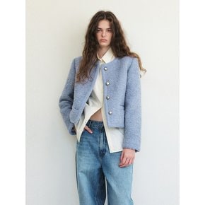 Trimmed Tweed Fur Jacket, Sky Blue