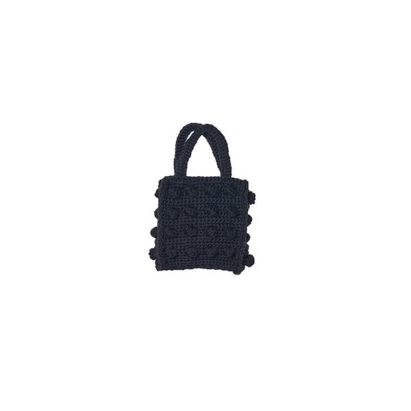 Handcrafted Weaving Pompom Tote Bag Black Mini