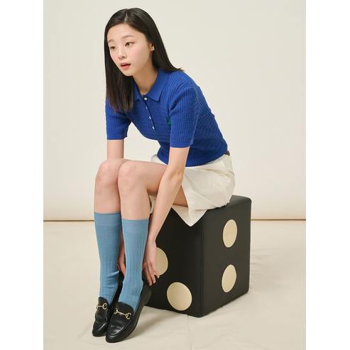 빈폴레이디스 25SS [빈폴솔솔니트] T칼라 케이블 반소매 풀오버 - 블루 BF5451C12P