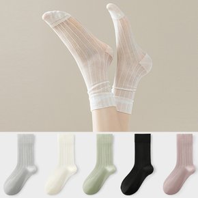 핀프리 자수 펀칭 시스루 여성 중목 양말 5color