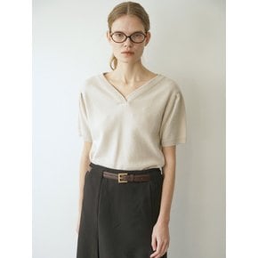 BIBI CASHMERE VNECK PUFF SLEEVE HALF KNIT PULLOVER_BEIGE