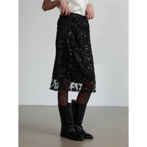시퀸 플라워 미디 스커트 - BLACK