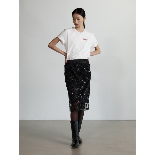 시퀸 플라워 미디 스커트 - BLACK