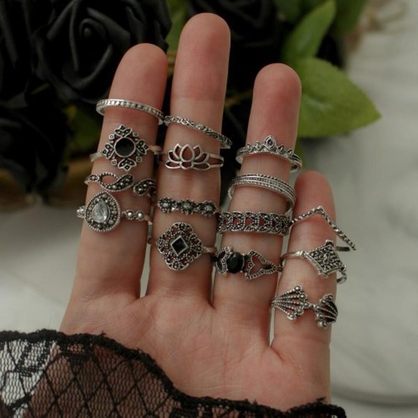 [옷자락] 여자 에스닉 엔틱 실버 블랙 15pcs 반지 세트
