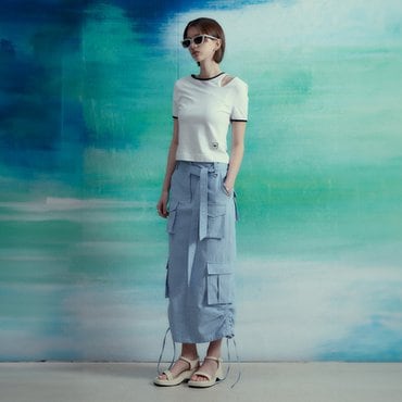 뮤제 SENTIER Side String Belted Denim Cargo Long Skirt_Blue Denim