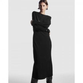 4819418 COS Power-Shoulder Satin-Panel Midi Dress - Black Dark