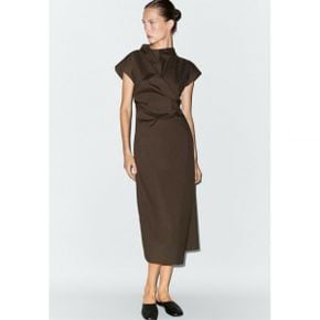 Massimo Dutti 마시모 두띠 100% 면 포플린 드레이프드 드레스 - 데이 다크 브라운 7990703