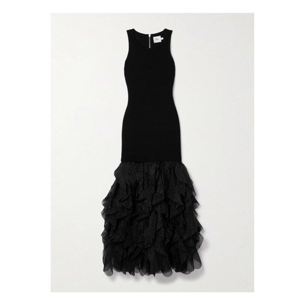 에이지 일레이션 골지 니트 러플 오간자 맥시 드레스 블랙 1647597356101725