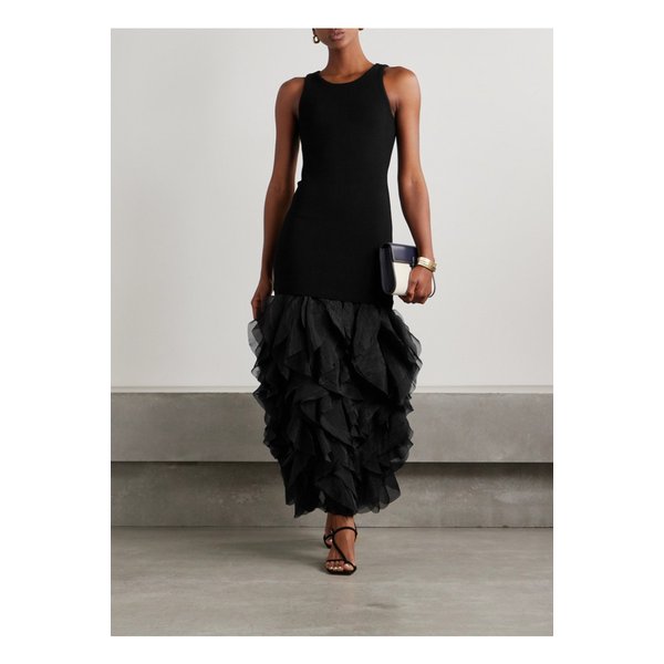 에이지 일레이션 골지 니트 러플 오간자 맥시 드레스 블랙 1647597356101725