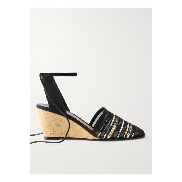 라 크루아제트 태슬 시퀸 장식 자수 메시 웨지 75mm 블랙 46376663162863523