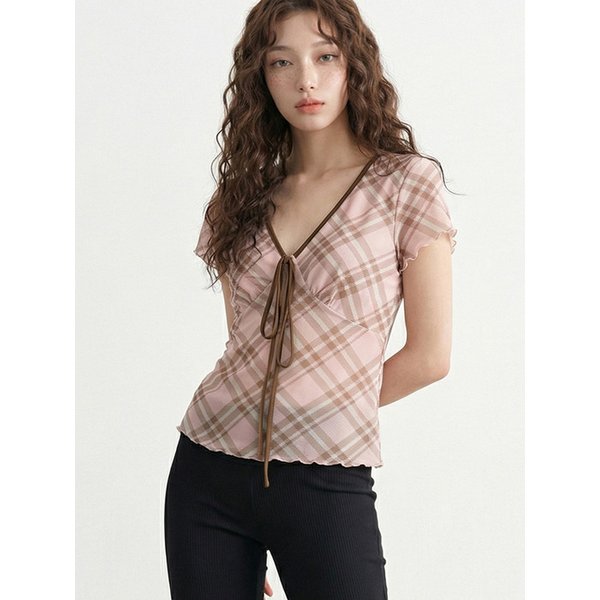 배색 체크 웨이브 탑_T611TP145