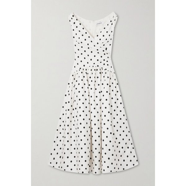 랩 효과 개더드 폴카 도트 코튼 포플린 미디 원피스 46376663162953071