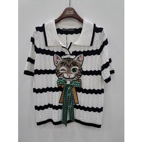 [르니앤맥코이] 스트라이프 카라 리본 고양이 포인트 여름 반팔 니트 티셔츠 (ML08KN404FJY)