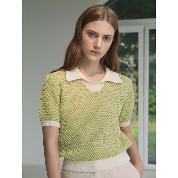 Skacy Open Collar Coloration Half Knit (Light_green)