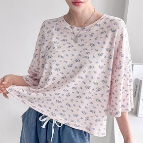 잔꽃 면 티셔츠 플라워 크롭 반팔 칠부 소매
