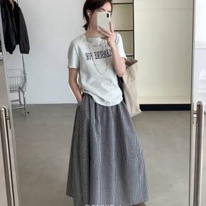 보니제이 / 올밴딩 밑단 플레어 체크 패턴 A라인 롱 스커트 데일