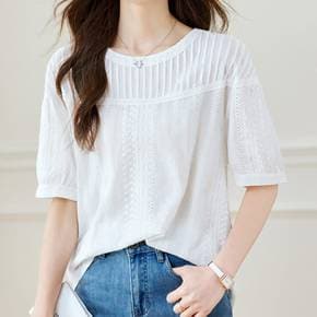NB3144 러블리 자수 펀칭 포인트 라운드넥 반팔 블라우스