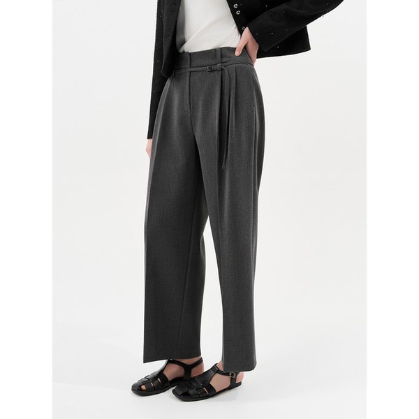 벨트 디테일 핀턱 와이드 팬츠_MELANGE GREY
