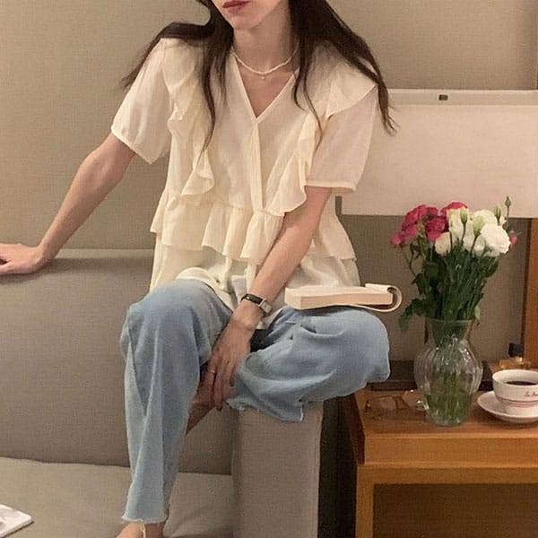 확대된 대표 슈팅스타 / 당출 브이넥 프릴 레이스 여성스러운 블라우스