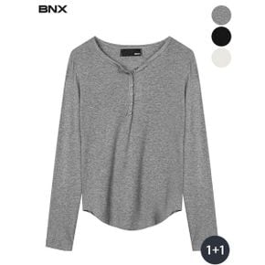 1+1 단추 골지 긴팔 티셔츠_P439173671