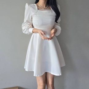 세피아 망사 레이스 퍼프 스퀘어넥 셔링 드레이프 A라인 미니 원피스 3color _P415931633