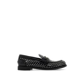 여성 studded brushed leather penny loafers Black