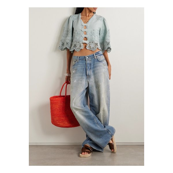 아일라 크롭 자수 브로드리 앙글레즈 코튼 리넨 혼방 탑 블루 46376663162873770