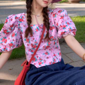 디작소 여성 로즈 핑크 화려한 프린팅 여름 반팔 블라우스